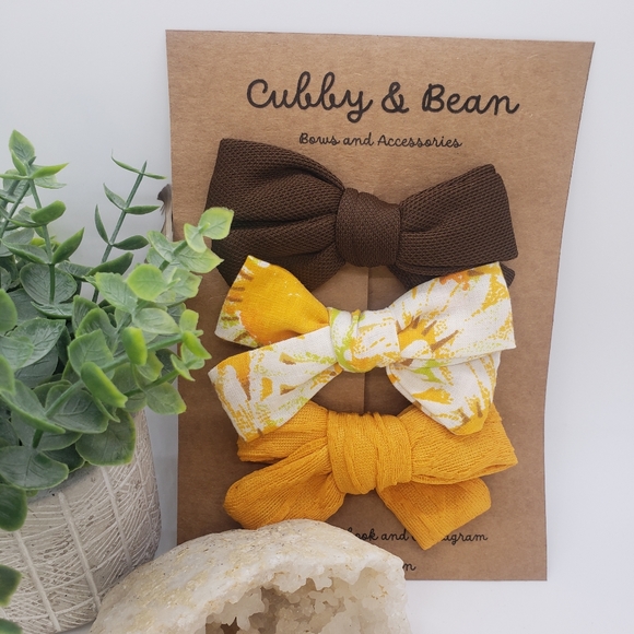 Cubby & Bean Other - 001A Sunflower Field Hair Bows on Clips Yellow and Brown Handmade